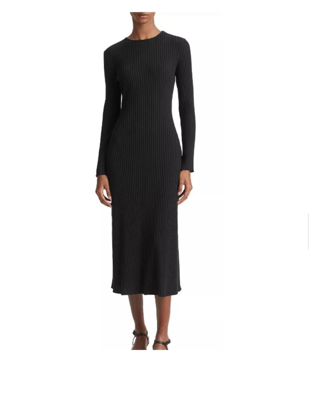 Vince Black Ribbed Crewneck Long-Sleeve Midi Knit Dress